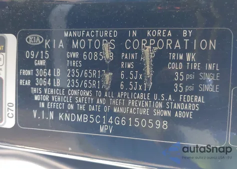 2016 Kia Sedona Lx from USA, damaged, VIN KNDMB5C14G6150598